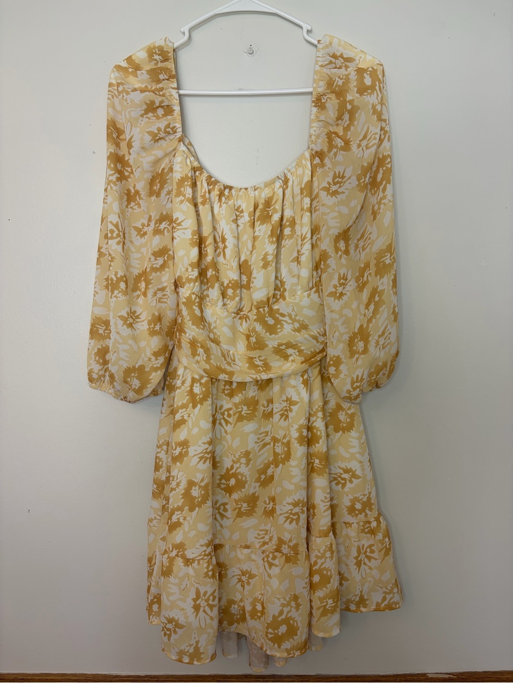EXLURA Yellow Floral Mini Dress XXL Puff Sleeve Smocked Waist